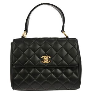 Chanel Vintage Top Handle Flap Bag Quilted Lambskin Black Leather Handbag